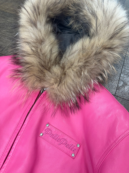 PELLE PELLE PINK LEATHER JACKET RACCOON FUR (M)