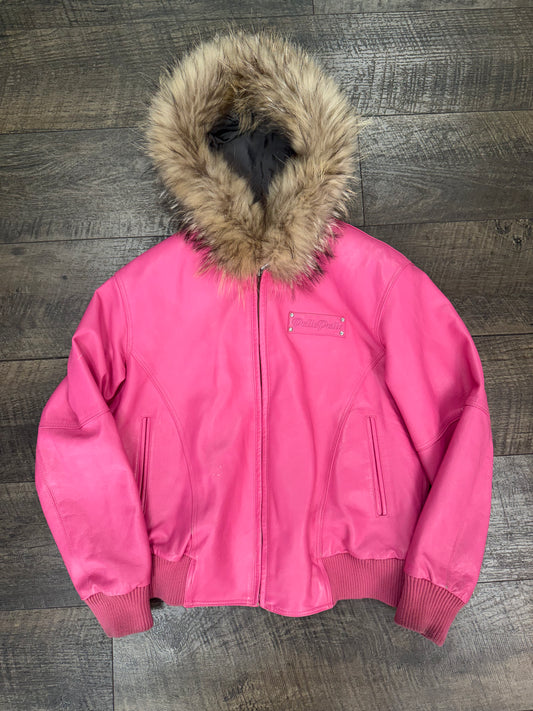 PELLE PELLE PINK LEATHER JACKET RACCOON FUR (M)