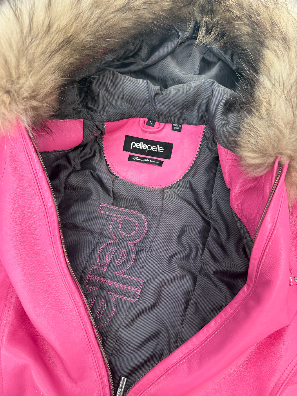 PELLE PELLE PINK LEATHER JACKET RACCOON FUR (M)