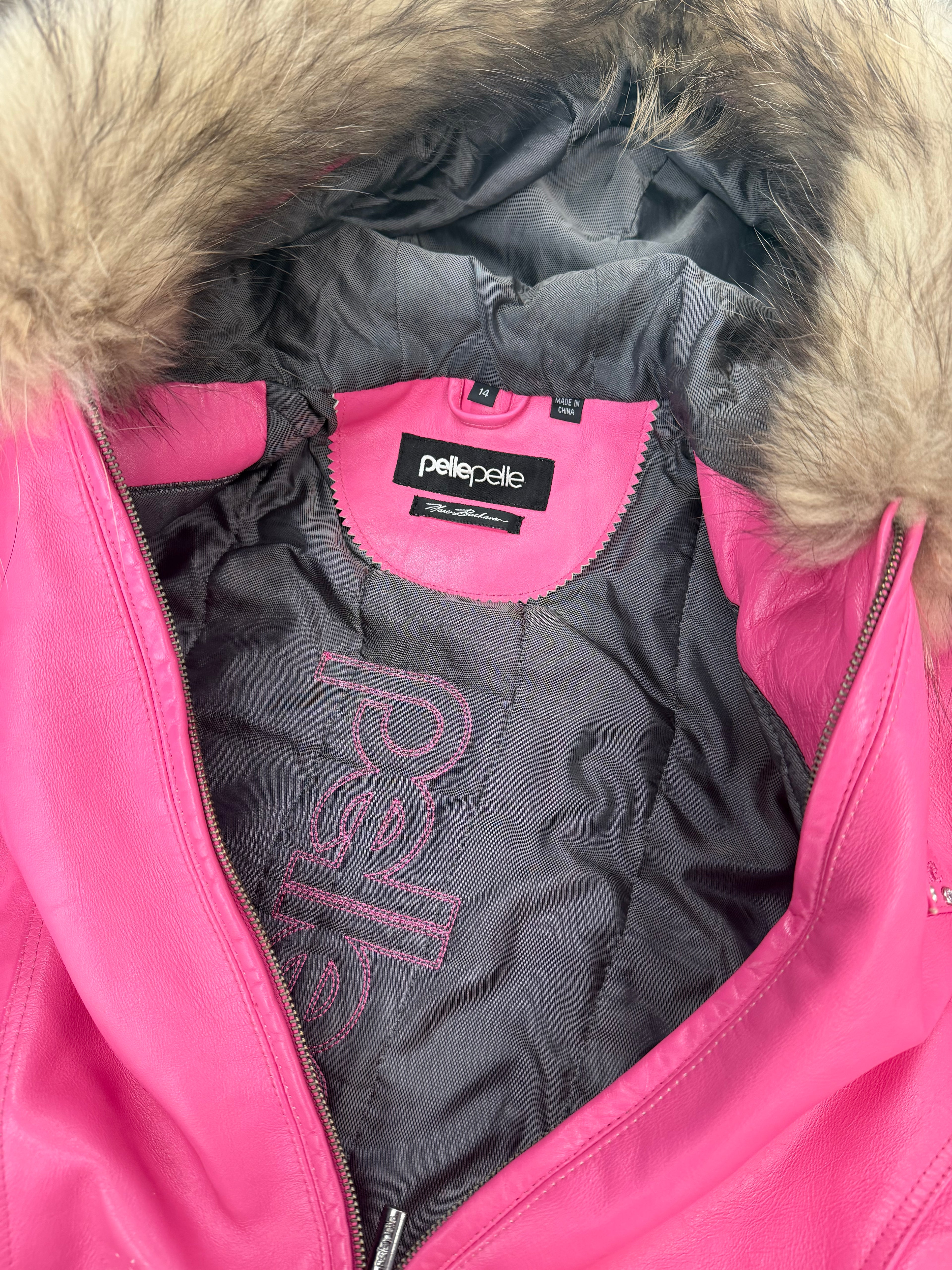 PELLE PELLE PINK LEATHER JACKET RACCOON FUR (M)