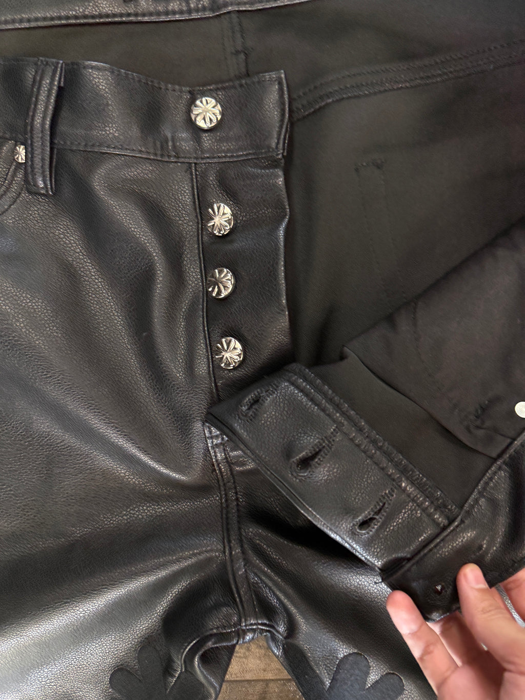 LOSTSHDW FLORAL FAUX LEATHER PANTS