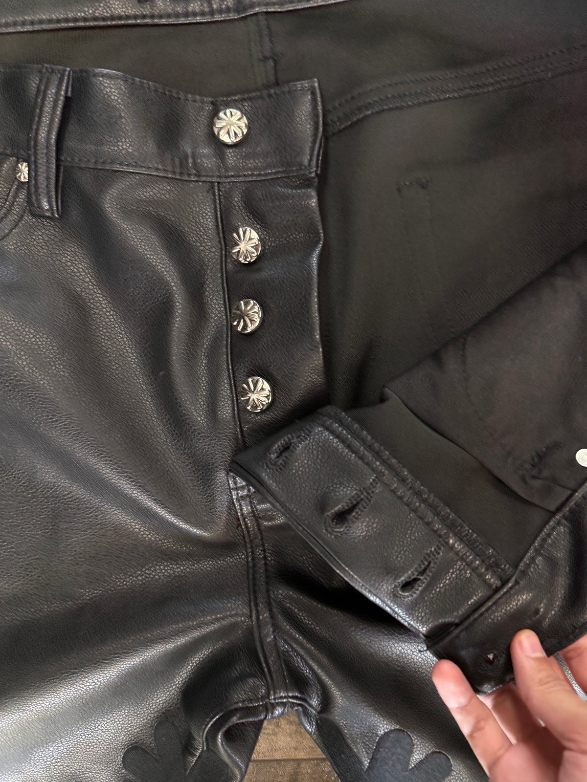 LOSTSHDW FLORAL FAUX LEATHER PANTS