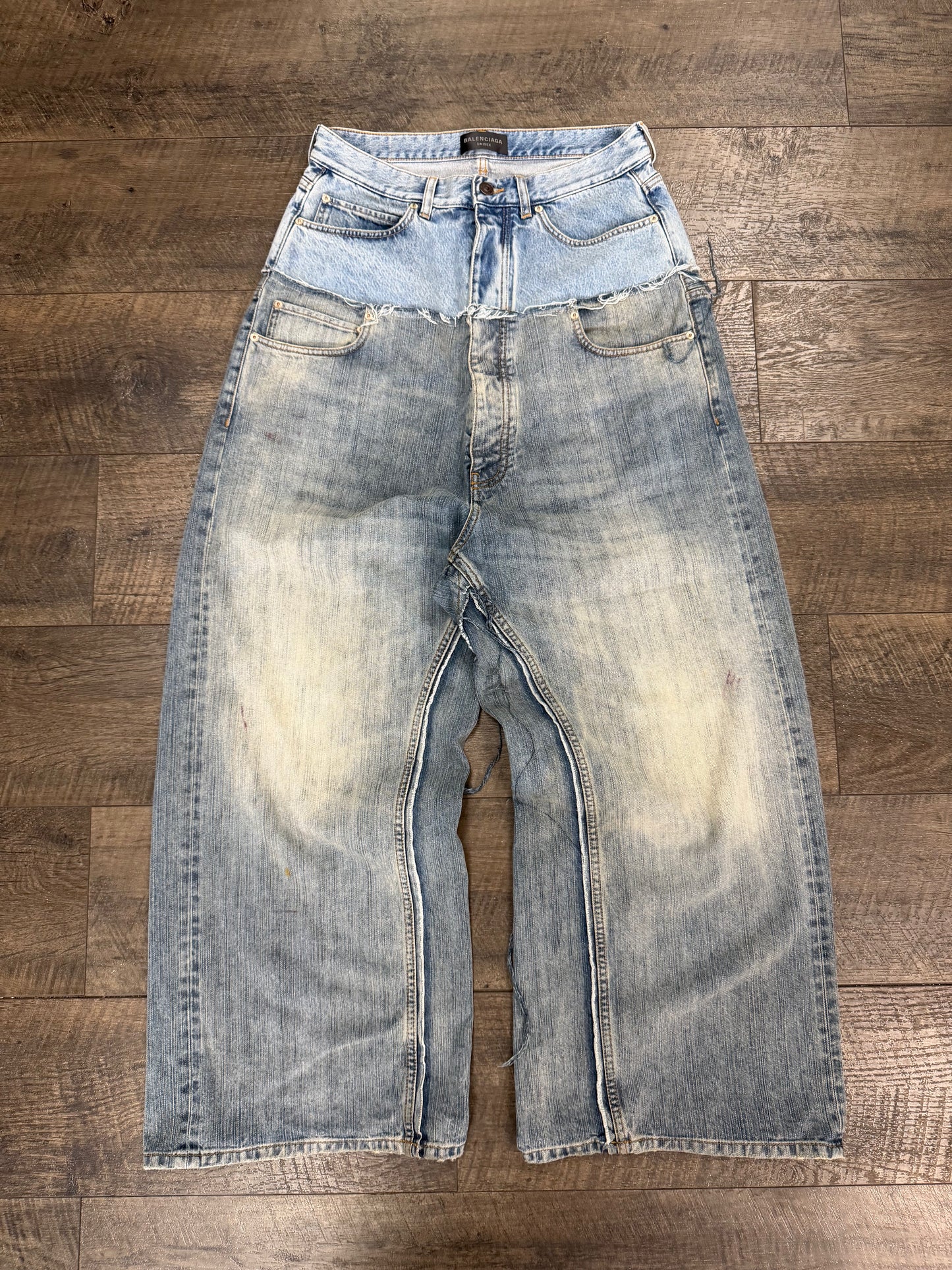 BALENCIAGA CUT UP DISTRESSED LAYRED JEANS (S)