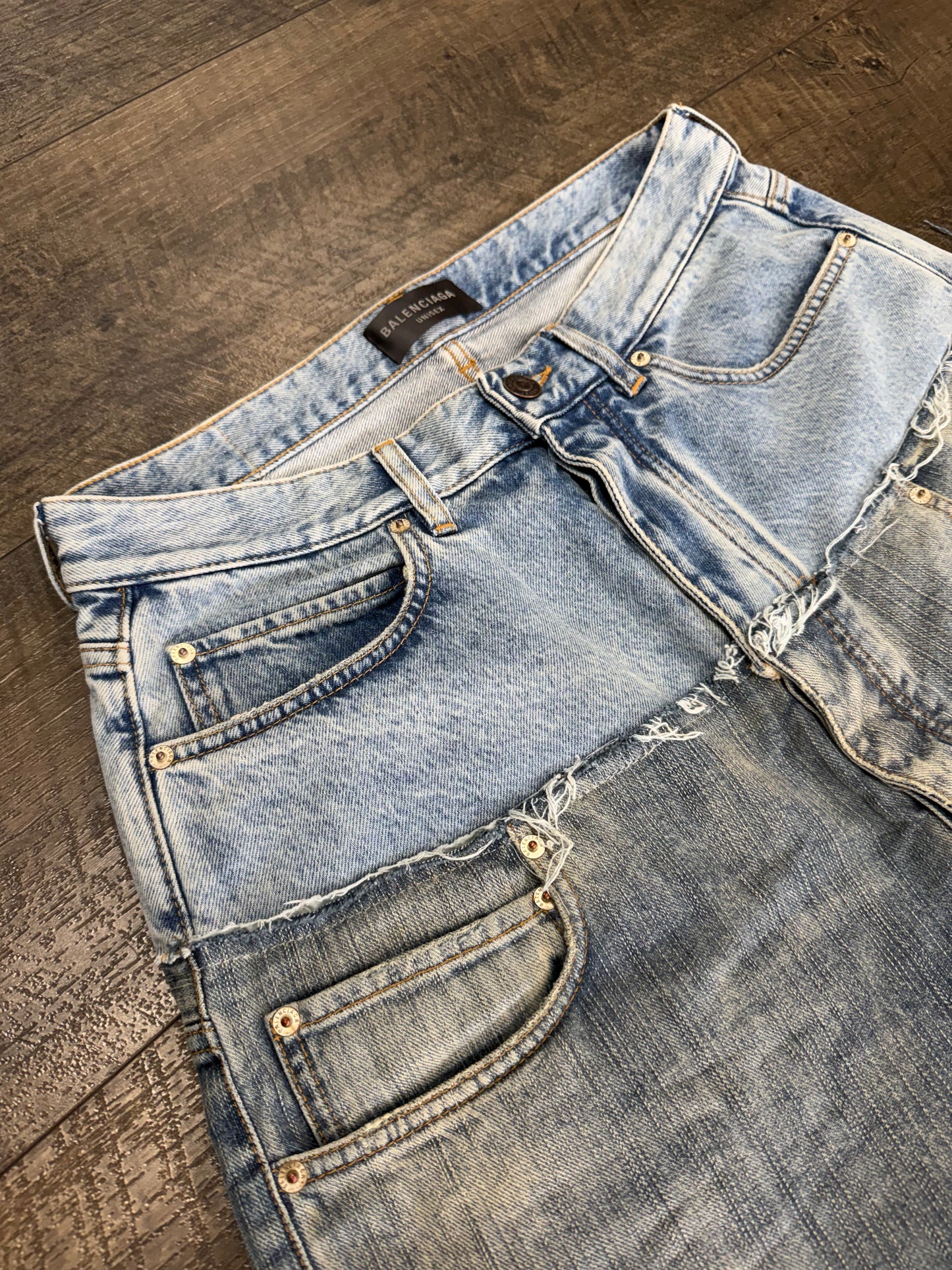 BALENCIAGA CUT UP DISTRESSED LAYRED JEANS (S)